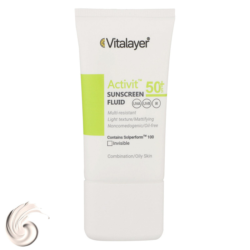 فلوئید ضدآفتاب بی‌رنگ ویتالیر SPF50 مدل Activit، مناسب پوست‌های مختلط و چرب، حجم 50 میلی‌لیتر